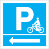 Sinal para ciclovias, informação, parque de bicicletas à esquerda