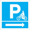 Sinal para ciclovias, informação, parque de bicicletas à direita