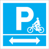 Sinal para ciclovias, informação, parque de bicicletas à esquerda e à direita