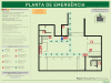 Planta de emergência horizontal de piso, com legendas e instruções gerais de segurança (verticais) em português, inglês e espanhol